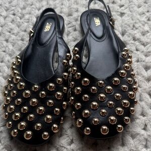 Zara Black Leather Slingback Flats with Gold Studs